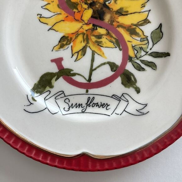 Anthropologie Eyewanderer S Sunflower Alphabet Plate Red Rim 6” - Picture 2 of 8
